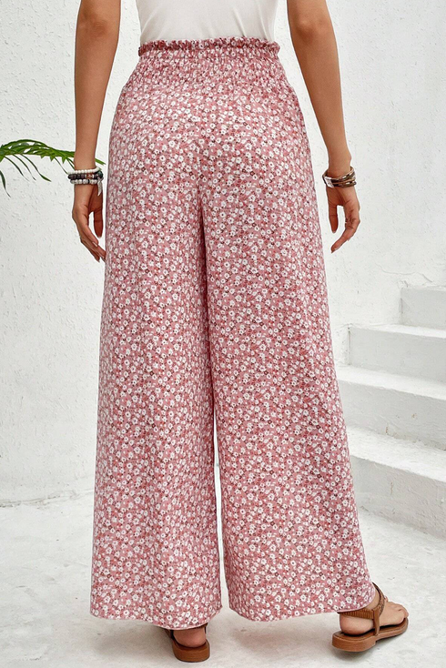 Bohemian Print Smocked High Waist Wide Leg Slit Pants