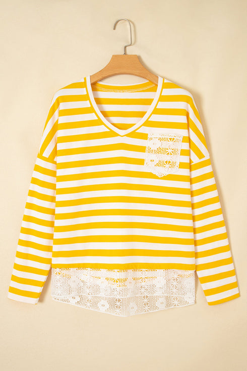 Striped Lace Patchwork V Neck Cotton Long Sleeve Top