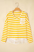 Striped Lace Patchwork V Neck Cotton Long Sleeve Top