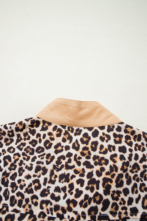 Western Leopard Print Striped Collar Flared Mini Dress