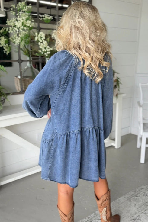 Western Puff Sleeve V Neck Ruffled Denim Mini Dress