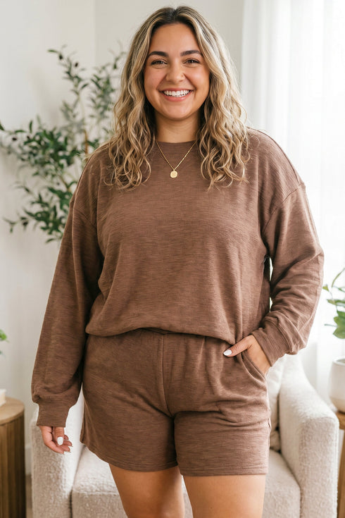 Drop Shoulder Long Sleeve Elastic Waist Lounge Set