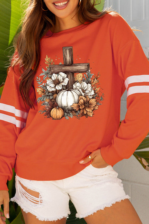 Floral Pumpkin Cross Print Banded Sleeve Graphic Sweatshirt