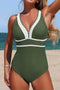 Four Leaf Clover Trim V Neck Crossed Straps One Piece Swimsuit