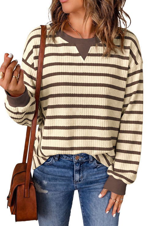 Striped Pattern Patchwork Ribbed Cuff Pullover Sweatshirt