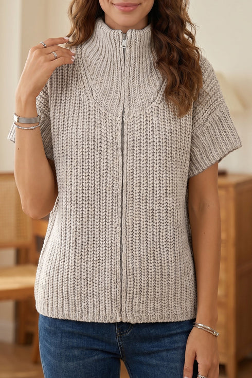 High Neck Zipper Knit Short Sleeve Sweater