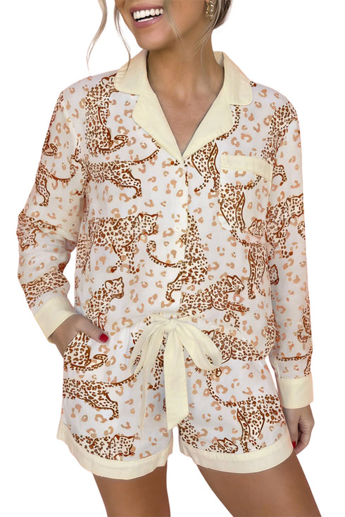 Allover Leopard Print Pocket Placket Long Sleeve Lounge Set