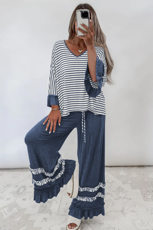 Striped Ruffle Sleeve V Neck Drawstring Pant Set