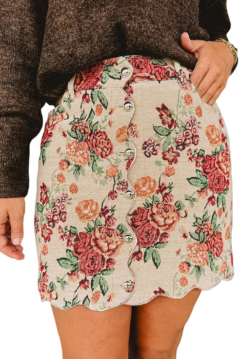 Button Front Scalloped Trim Floral Jacquard Skirt
