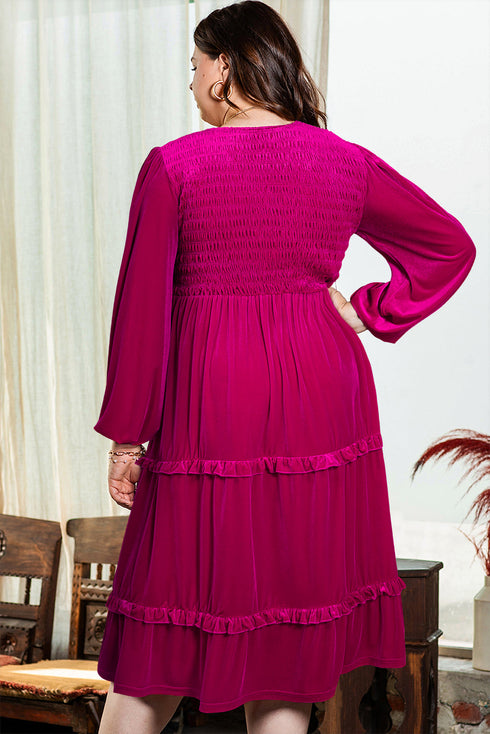 Smocked V Neck Tiered Ruffled Velvet Maxi Dress