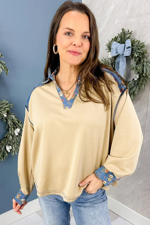 Floral Denim Patchwork Collar V Neck Long Sleeve Pullover Top