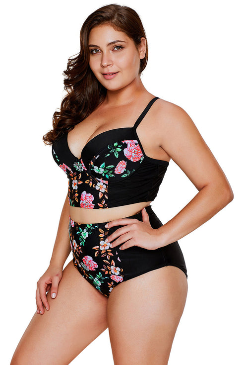 Floral Print High Waisted Bustier Bikini Set