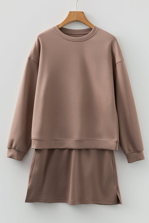 Solid Drop Shoulder Pullover Drawstring Mini Skirt Two Piece Dress