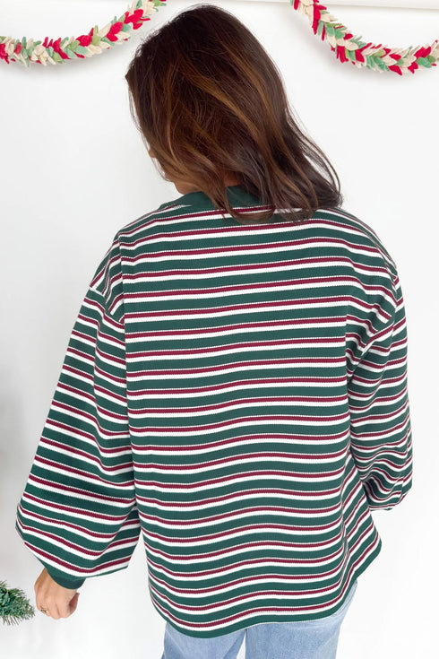 Striped Waffle Knit Round Neck Long Sleeve Sweatshirt