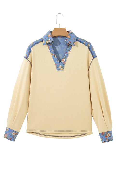 Floral Denim Patchwork Collar V Neck Long Sleeve Pullover Top