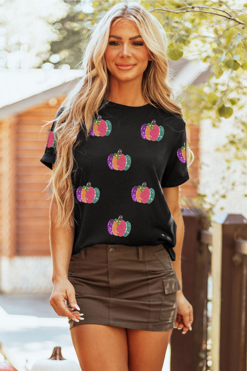 Sequined Pumpkin Graphic Round Neck Statement Tee
