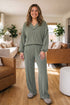 Four Leaf Clover Twisted Ribbed Exposed Seam V Neck Pullover Loungewear Set