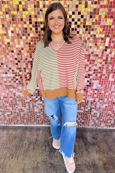 Striped V Neck Oversized Long Sleeve Top
