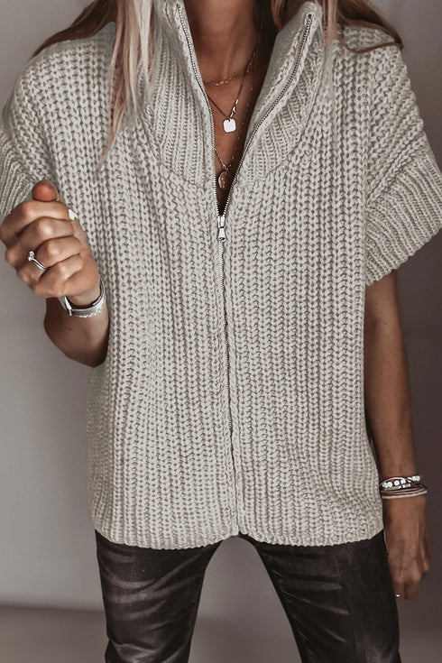 High Neck Zipper Knit Short Sleeve Sweater