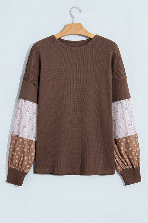 Vintage Floral Waffle Texture Relaxed Pullover Tunic Top