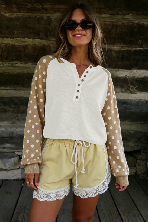 Polka Dot Button V Neck Long Sleeve Sweater