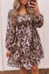 Abstract Floral Print Square Neck Long Sleeve Shift Mini Dress