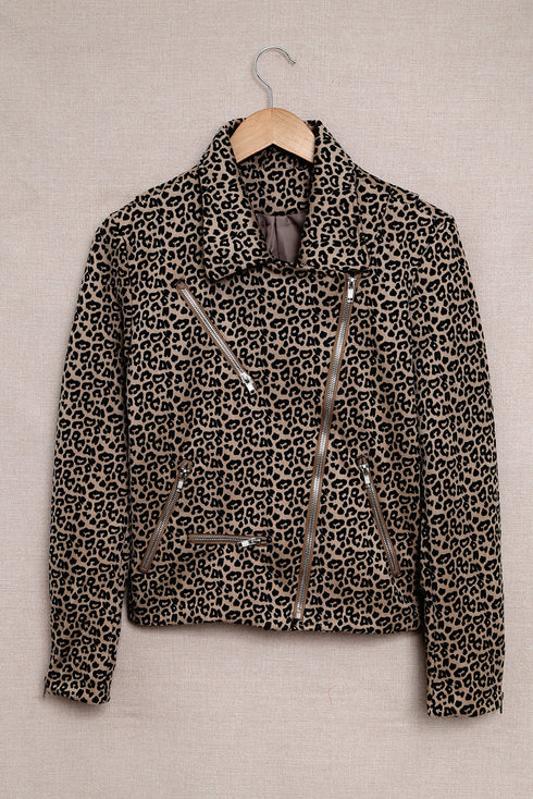 All Over Leopard Print Zipped Notch Collar Short Jacket