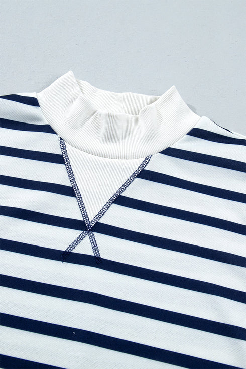 Striped Mock Neck Long Sleeve Ribbed Cuff Hem Sweatshirt
