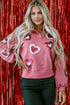 Sequin Heart Applique Snap Button Collared Pullover Sweatshirt