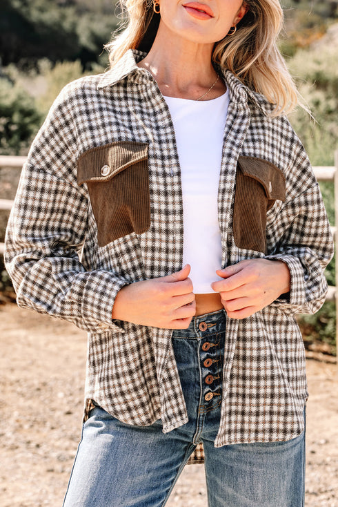 Corduroy Textured Patchwork Flap Pocket Plaid Shacket