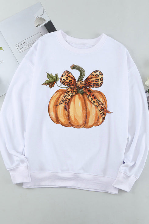 Leopard Bow Pumpkin Graphic Crew Neck Sweatshirt