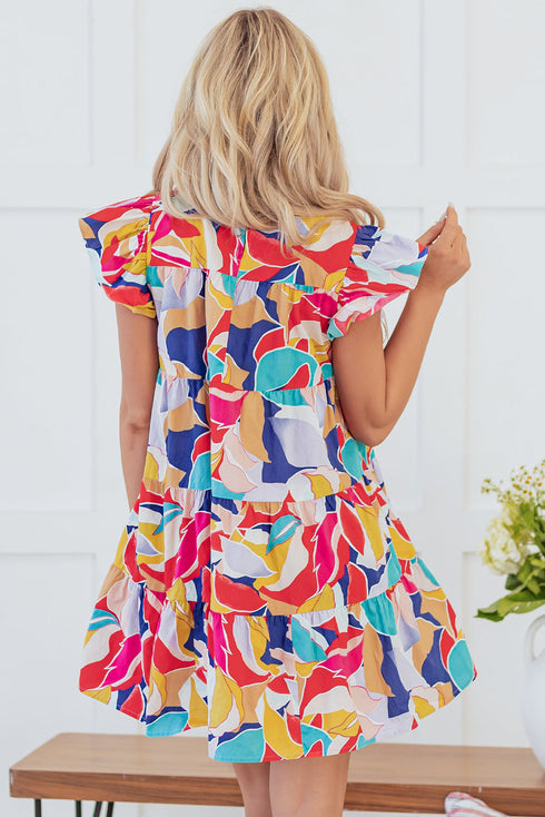 Abstract Print Ruffled Flutter Sleeve A-Line Mini Dress