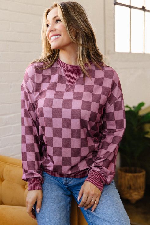 Ribbed Trim Checkered Print Long Sleeve Pullover Top