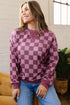 Ribbed Trim Checkered Print Long Sleeve Pullover Top