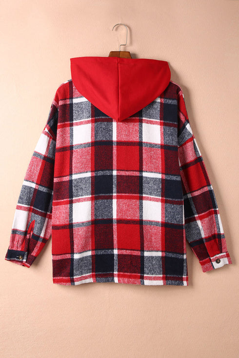 Casual Hooded Button Front Plaid Print Shacket
