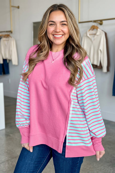 Seamed Striped Pattern Long Sleeve Tunic Sweatshirt