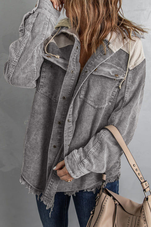 Casual Button Down Hooded Corduroy Shirt Jacket