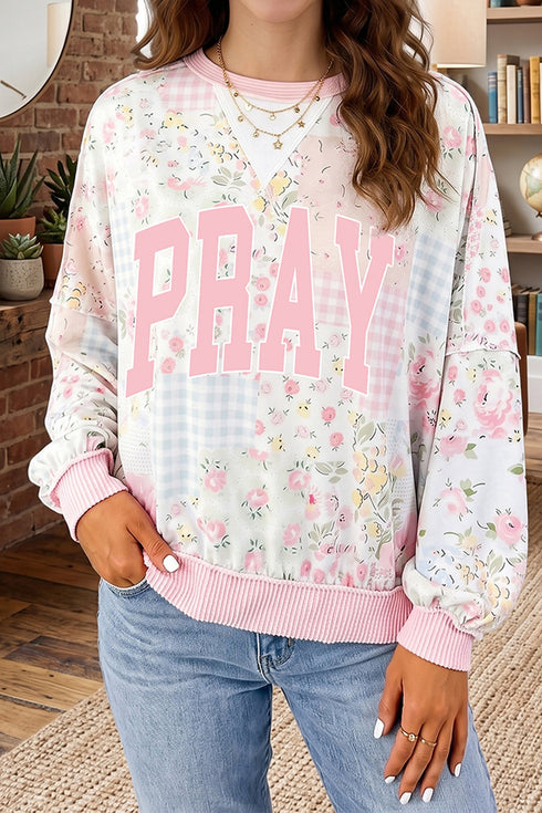 Pray Lettering Floral Mixed Print Patchwork Graphic Sweatshirt