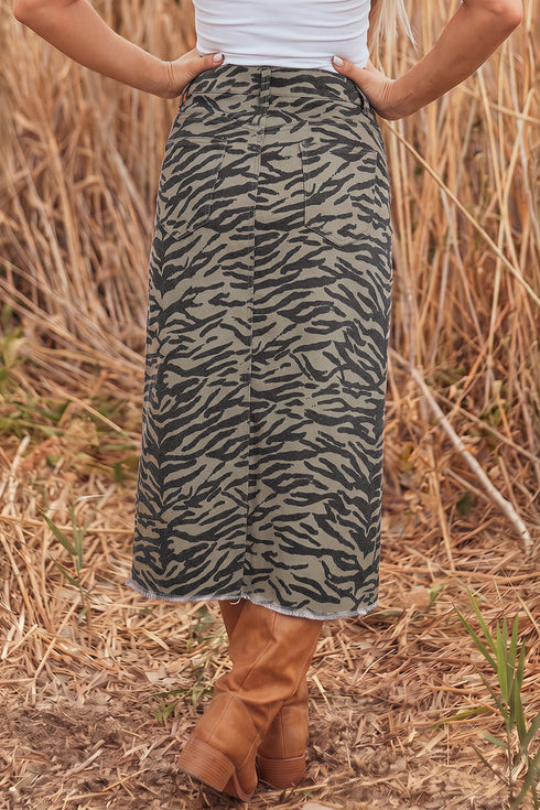 Leopard Print Side Split Frayed Denim Midi Skirt