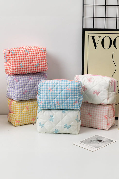 Sweet Bow Knot Print Quilted Zipper Makeup Bag