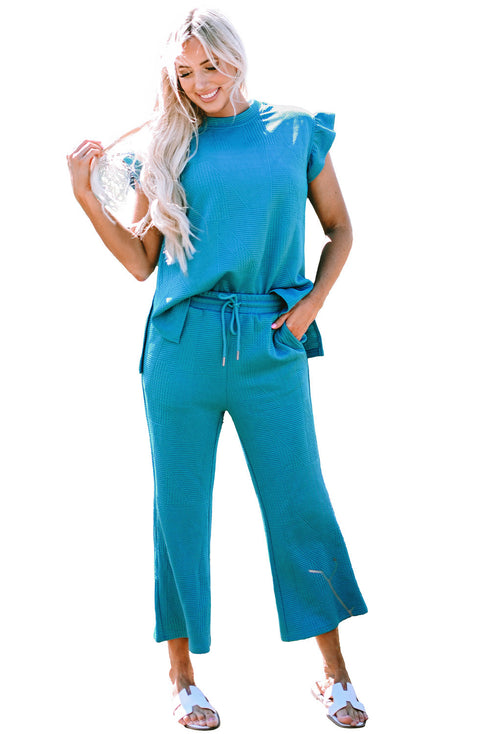 Solid Textured Ruffle Sleeve Cropped Wide Leg Pant Set