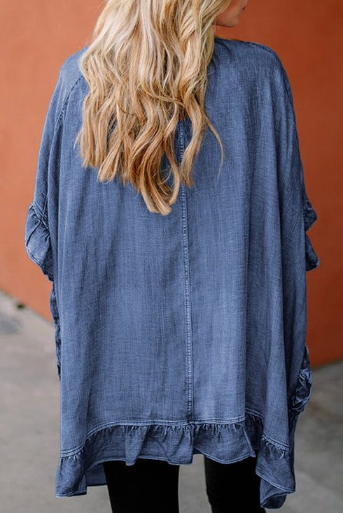 Chambray Denim Ruffle Hem Half Sleeve Open Loose Kimono