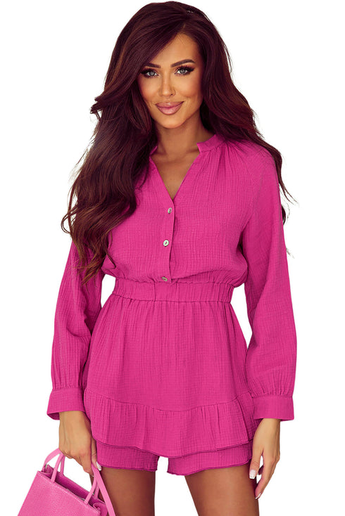 Solid Textured Tiered Ruffled Buttoned Long Sleeve Romper