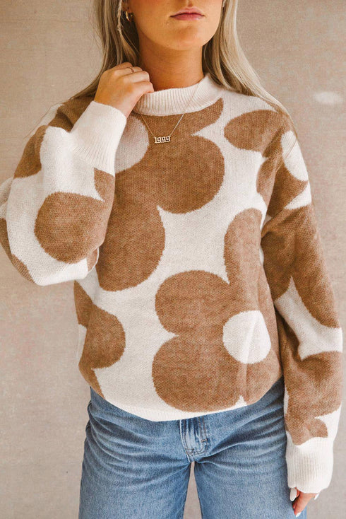 Abstract Floral Print Mock Neck Knit Sweater