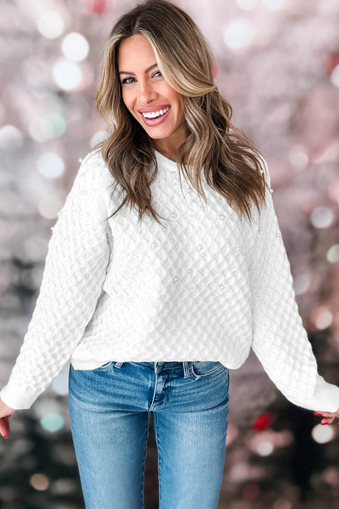 Pearl Embellished Textured Knit Beaded Pullover Sweater