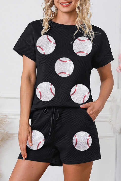 Textured Sequin Baseball Short Two Piece Graphic Set