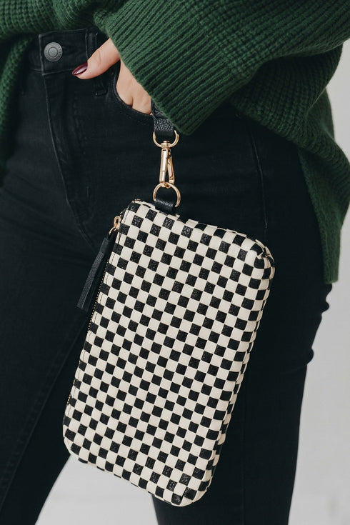 Checkered Woven Fringe Tassel Pu Leather Wristlet Handbag