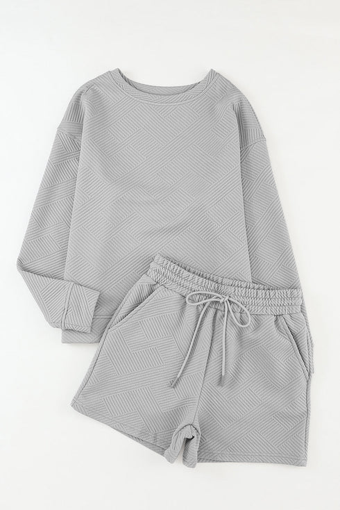 Textured Long Sleeve Top And Drawstring Lounge Short Sets