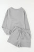 Textured Long Sleeve Top And Drawstring Lounge Short Sets