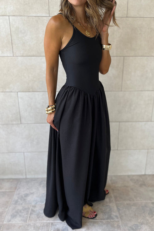 Ribbed Patchwork Drop Waist Spaghetti Strap Maxi Dress